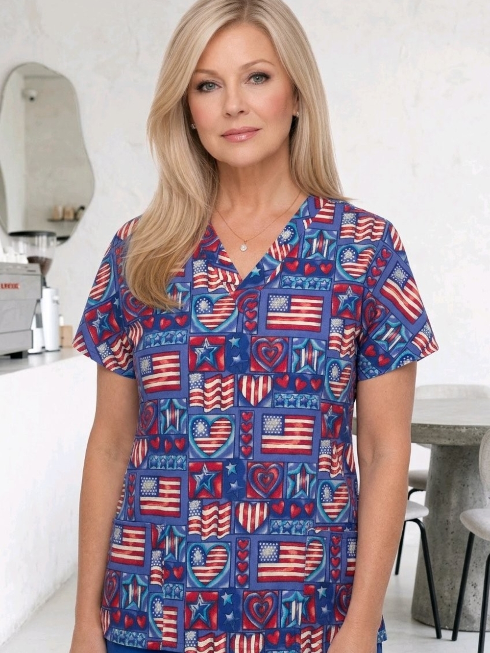 July 4th 🎉 Jasco Scrub Top Patriotic Flag & Heart Print - Red, White, Blue #581